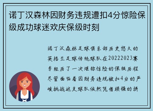 诺丁汉森林因财务违规遭扣4分惊险保级成功球迷欢庆保级时刻 诺丁汉森林因财务违规遭扣4分惊险保级成功球迷欢庆保级时刻